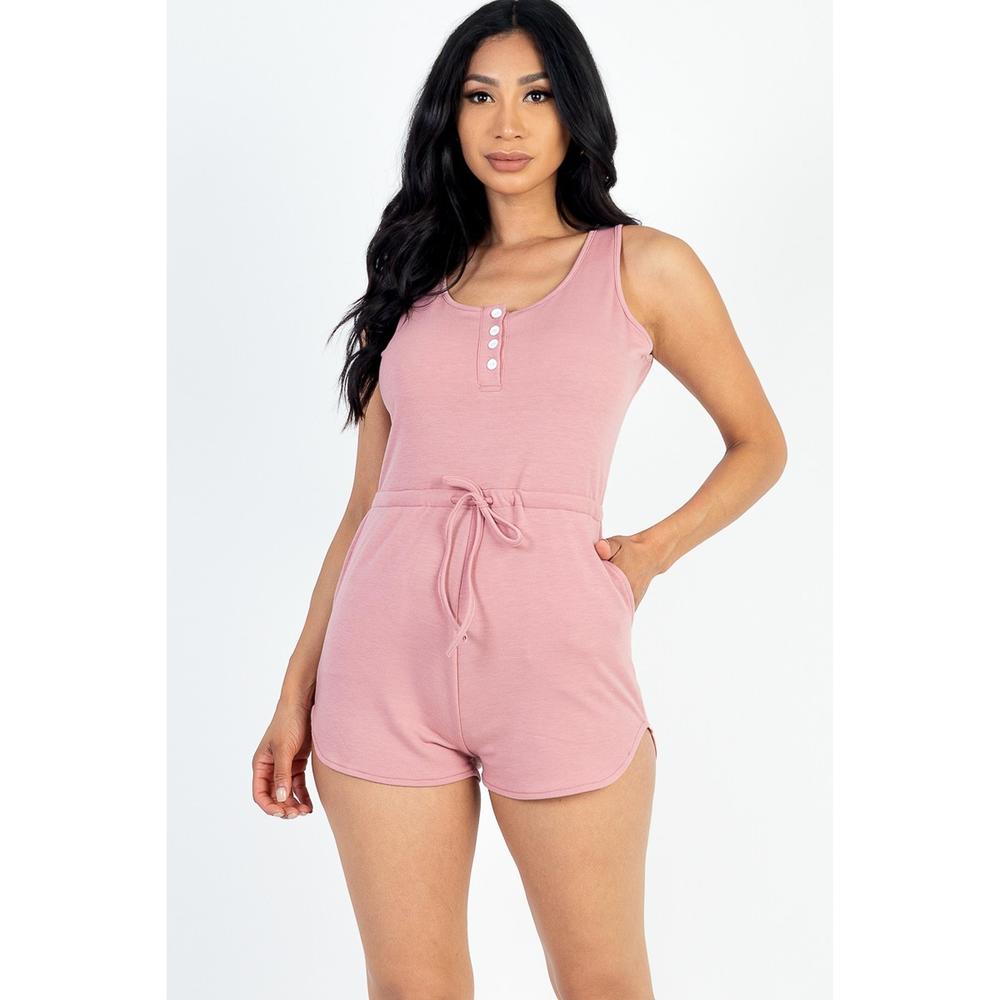 Sleeveless Drawstring Waist Button Tank Romper - Picture 1 of 4